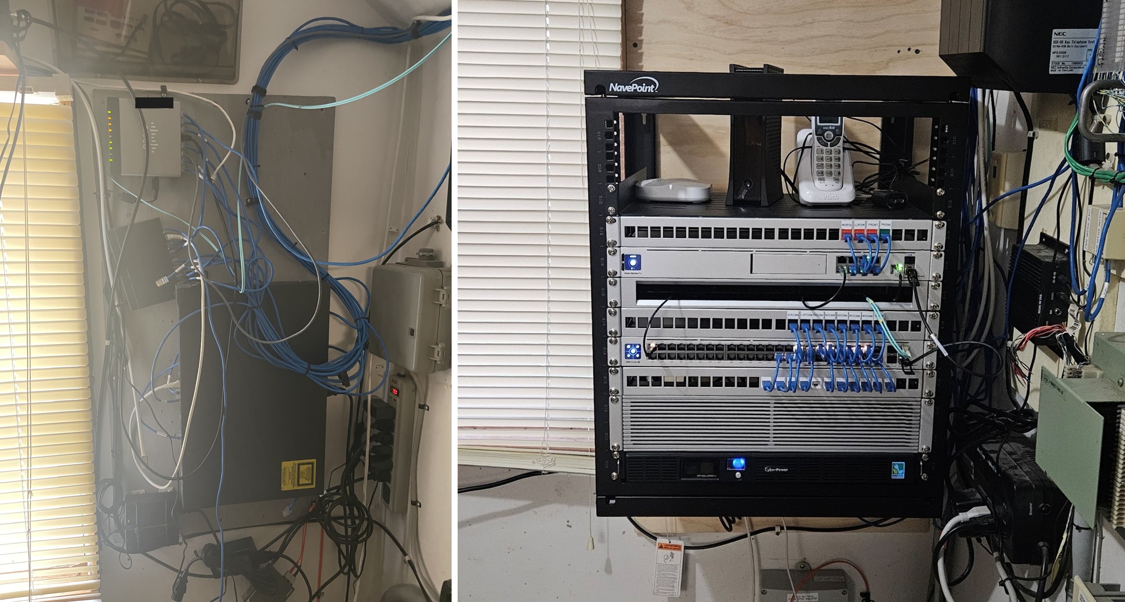 Thousand Islands Winery rack before and after Northern Computers cabling work